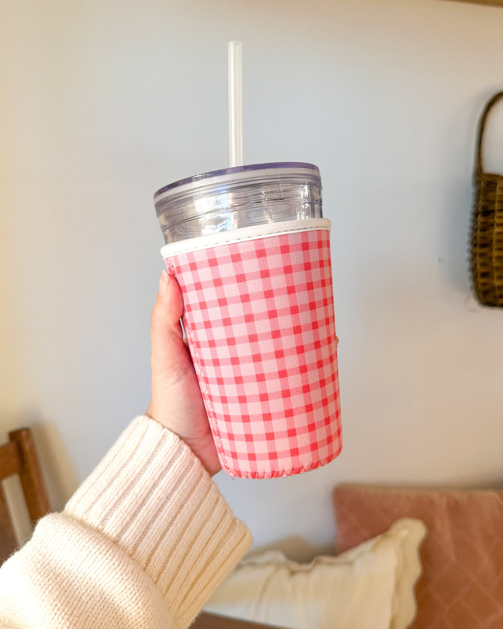 Pink Gingham | Reusable Coffee Sleeve